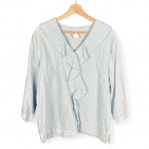 Mosaic L Light Blue Ruffle Boho Airy Coastal Woven Linen 3/4 Sleeve Blouse